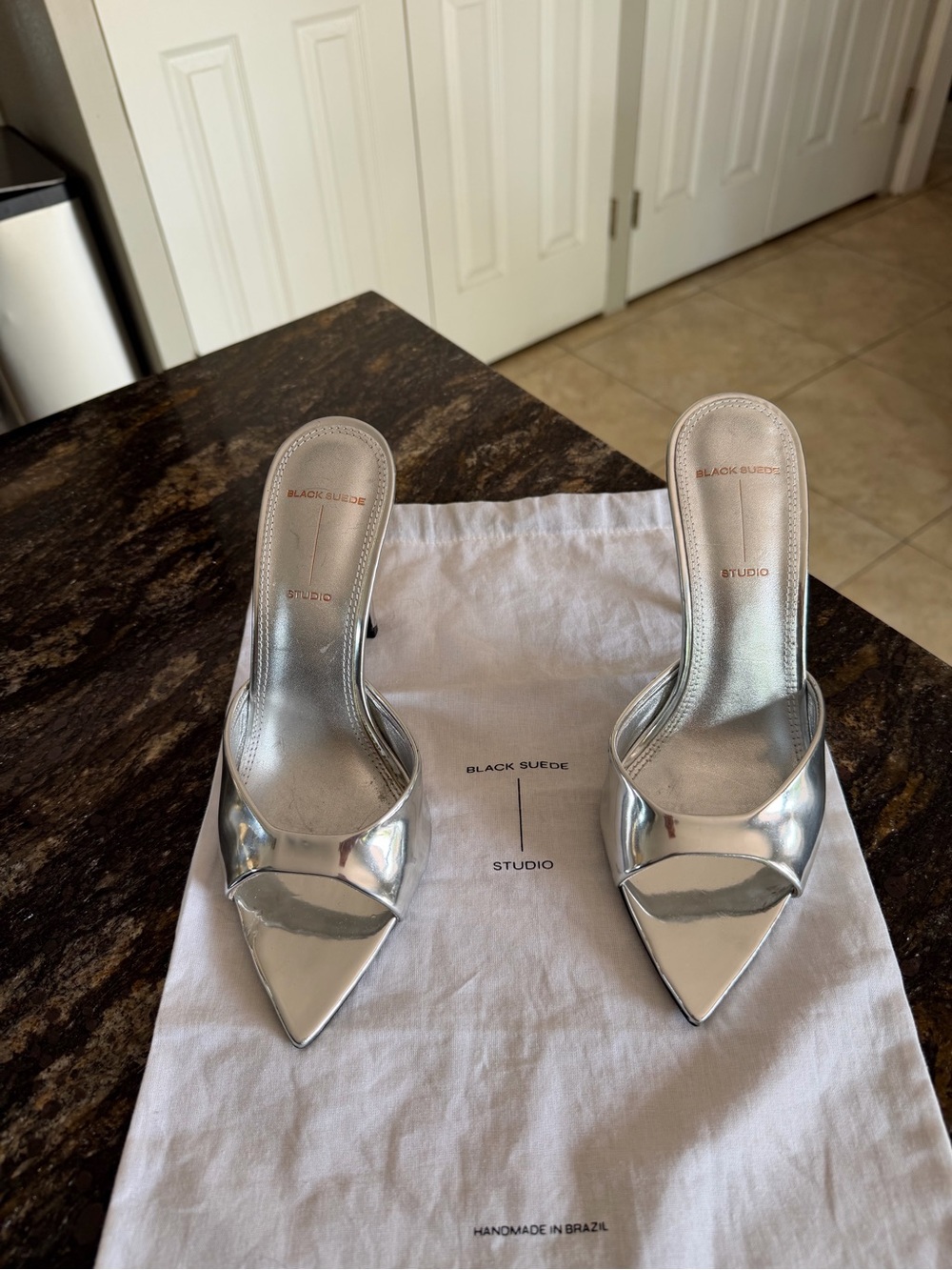 Black Suede Studio Silver Pointed-Toe Mule Heels